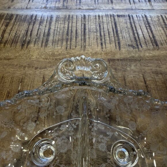Vintage Cambridge Rose Etched Glass Relish Dish 3 Section Footed Tray Handles - Picture 4 of 7